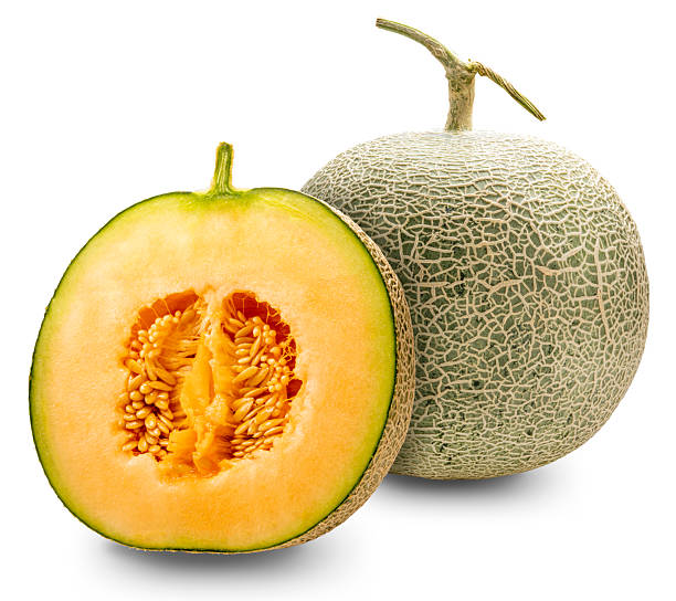istock Cantaloupe melon cut in half on white background. Sweet Orange Melon isolate on white with clipping path. 2227472650