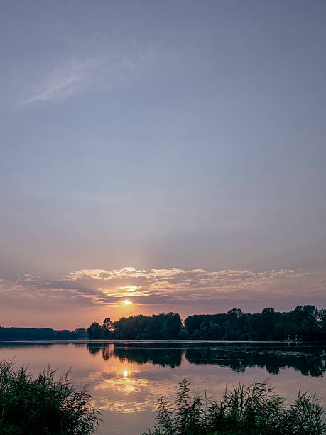 istock Soft golden light highlighting lush riverside greenery, mirroring serene Po River surface at dawn in Emilia Romagna landscape 2227475586