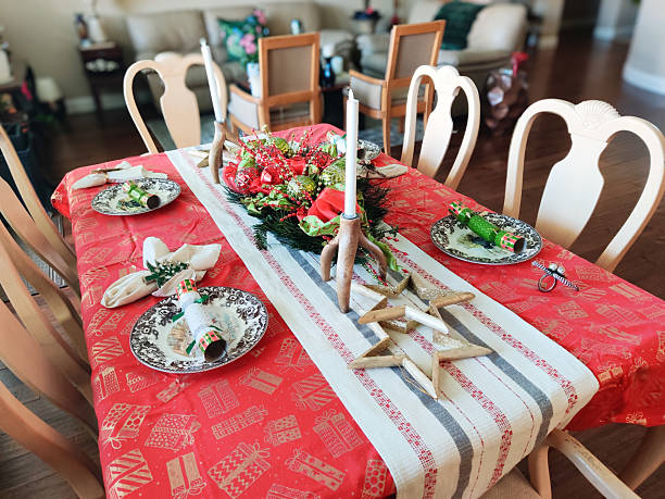 festive holiday tablescape with red tablecloth