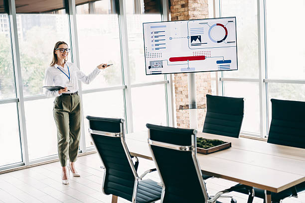 istock Young businesswoman presenting data using a screen in a modern office conference room 2227495353