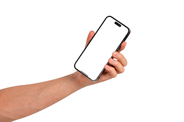 istock Front view of a hand holding a smartphone with a blank customizable screen isolated on white background. Perfect for themes in technology, business, finance, and advertising. 2227498017