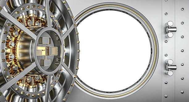 istock Open bank vault door with combination lock and empty white background 2227500261