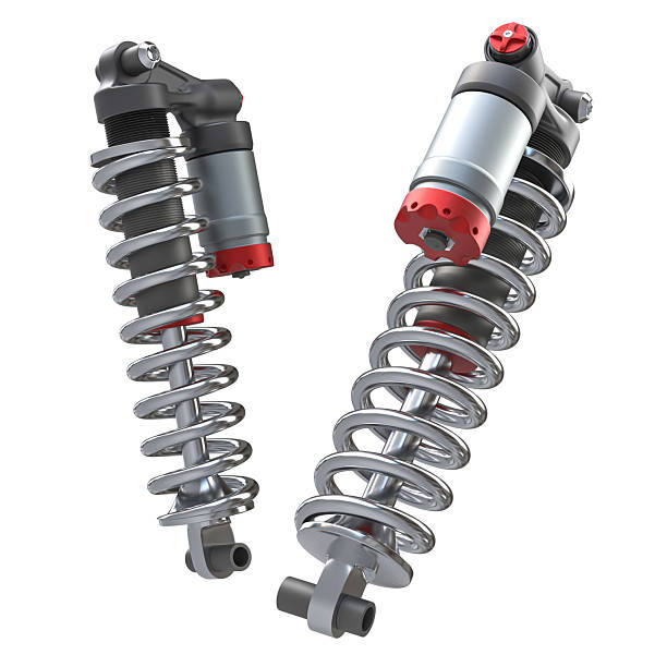istock Two metal shock absorbers with springs on white background 2227500282