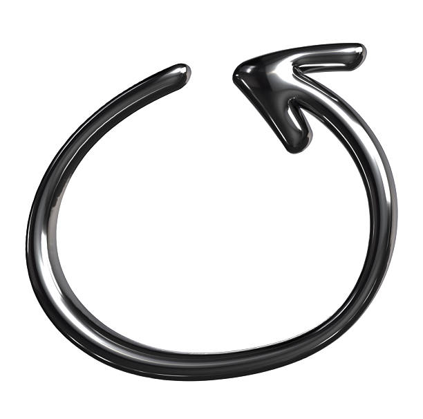 A 3D arrow rendered in a chrome, liquid-metal finish, loops in a counterclockwise direction. The smooth, reflective surface enhances its futuristic and abstract design, suitable for illustrating concepts like undo, restore, or cyclic processes. Isolated on a white background, the arrow's sleek curves and metallic sheen create a modern symbol.