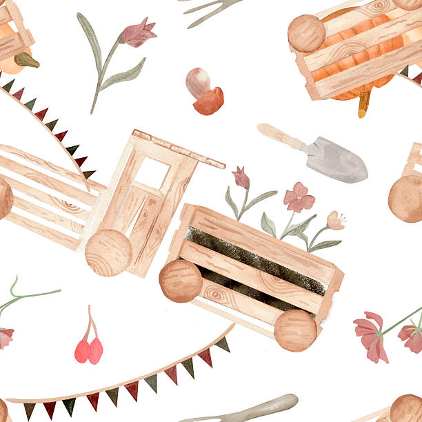 istock Watercolor garden-themed seamless pattern with a wooden crate train carrying flowers, bunting, shovel, trowel, bulbs, and blossoms. Ideal for children decor, gardening products, and spring prints 2227504469