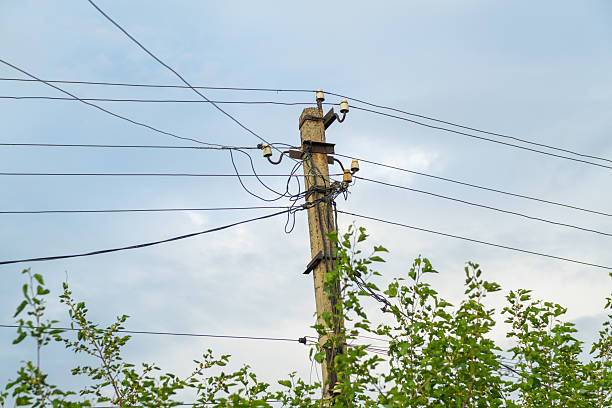 istock A utility pole stands tall amidst lush green foliage, supporting several power lines. The overcast sky hints at potential rain later in the day. 2227505417