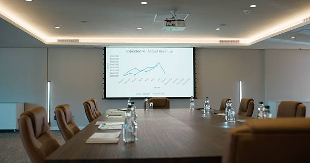 istock Empty office, screen and water in business for finance, conference or workshop space. Interior, vacant and technology at boardroom table for meeting presentation, data analysis or corporate workplace 2227509510