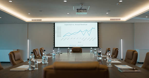 istock Empty, screen and water in office for business finance, conference or workshop space. Interior, vacant and technology at boardroom table for meeting, data analysis or chart presentation for growth 2227509513