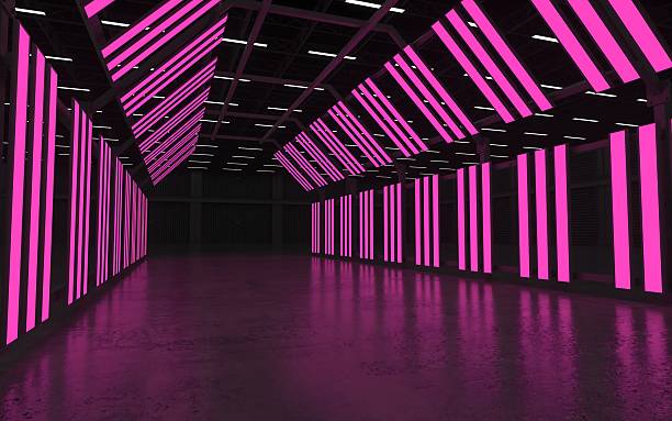 istock Modern Art Installation with Pink Neon Stripes in Empty Room 2227510946