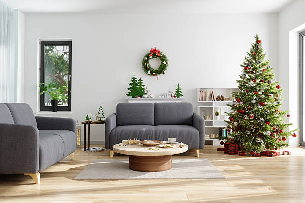 istock Modern Living Room Interior With Christmas Tree, Ornaments And Gift Boxes 2227515173