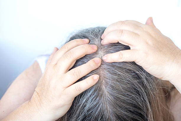 Mature woman touching her gray hair, examines silver strands, deep in thought, aging process, menopause time, emotional reflection, quiet acceptance