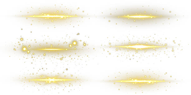 kuvapankkikuvitukset aiheesta collection of golden horizontal lines with glow and sparkle. light dividers with realistic shine, isolated on transparent background for banners, video effects and graphics. - rinnakkaiset keltaiset viivat