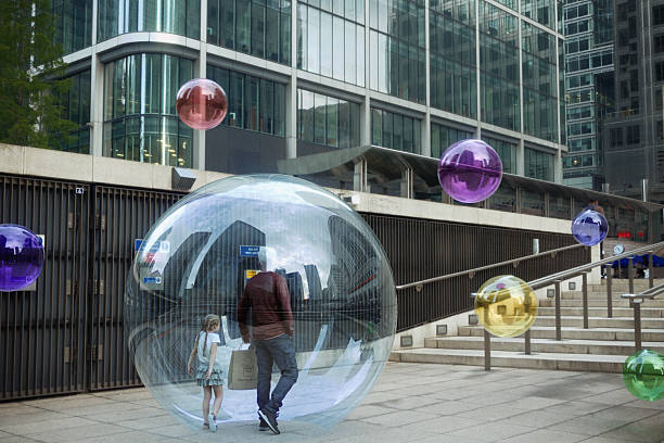 People inside glass bubble spheres in urban street with flying spheres around. (3d render)
