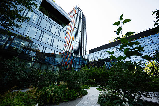 istock Modern urban architecture surrounded by lush greenery in city environment 2227526831