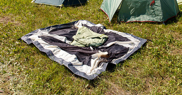 istock A black and white blanket is laying on the grass next to a tent 2227542608
