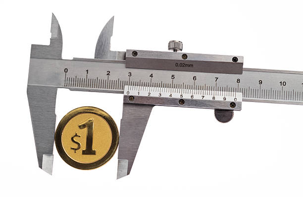 Sliding caliper with dollar sign coin.