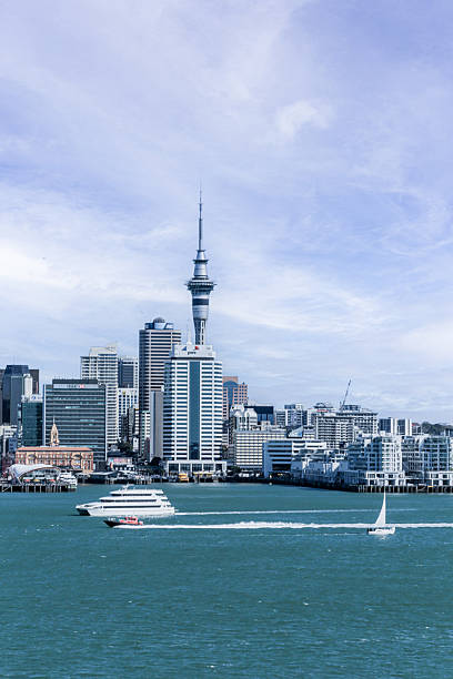 SEPTEMBER  11 , 2015  Auckland city skyline with Auckland Sky Tower from Mt. Eden at sunset New Zealand