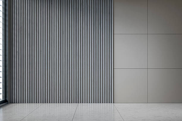 istock A modern unfurnished interior on marble tiled floor, window, half gray tiled half gray hardwood slats 2227554400