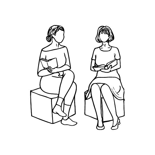 istock two women sitting next to books, full length portraits without faces - hand drawn line doodle 2227555800
