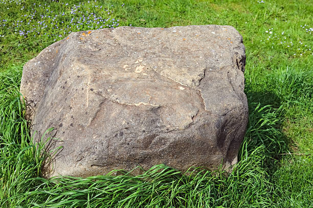 There is a large boulder on the lush, green lawn.