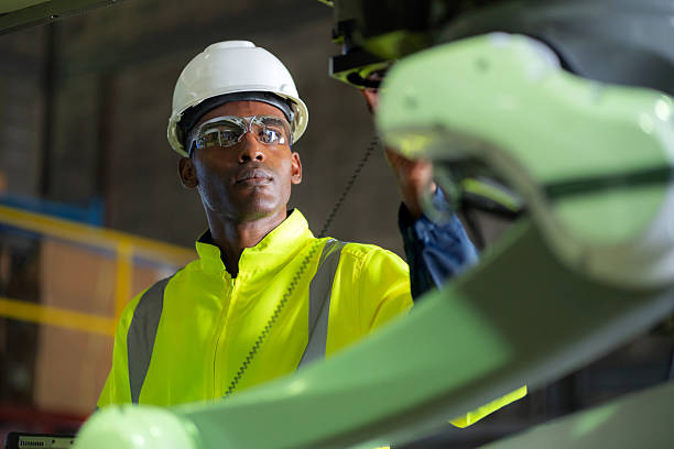 istock A highly focused engineer in safety gear troubleshoots robotic equipment after experimental testing. This shows precision, responsibility, and innovative thinking in the growing field of robotic process automation and industry 4.0. 2227556257