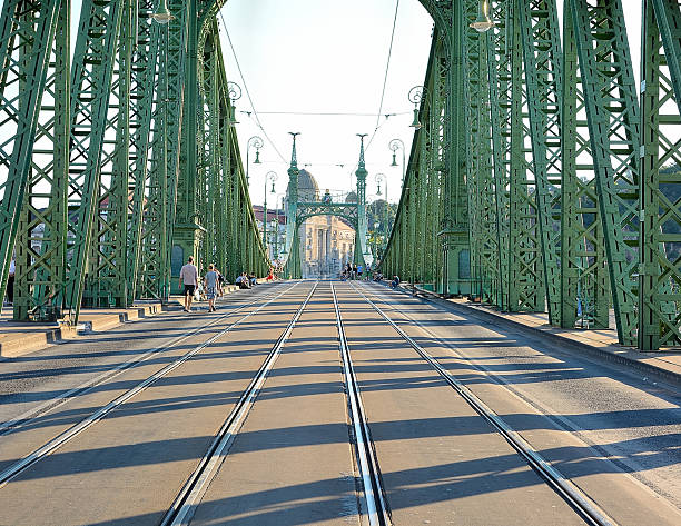 Tourists walking on the liberty bridge in budapest, hungary, a green steel bridge over the danube river