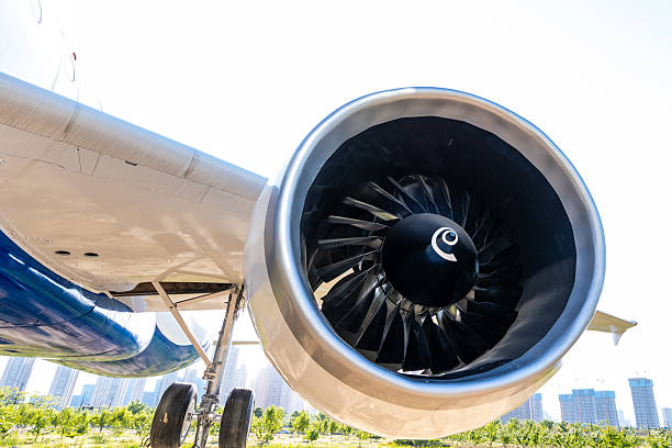 Airplane engine of commercial aircraft standing at airport