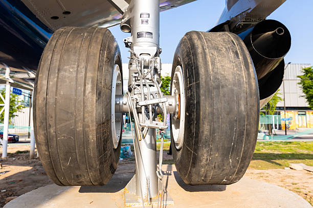 Close up of aircraft undercarriage front wheel