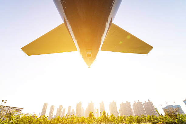 Aircraft tail unit against blue sky