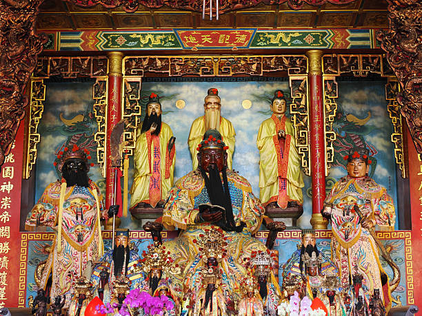 Kaohsiung, Taiwan - November 11, 2024 - A wide view of a grand and richly decorated temple altar, featuring numerous deity statues in colorful traditional garments in the Zuoying Chiming Temple.