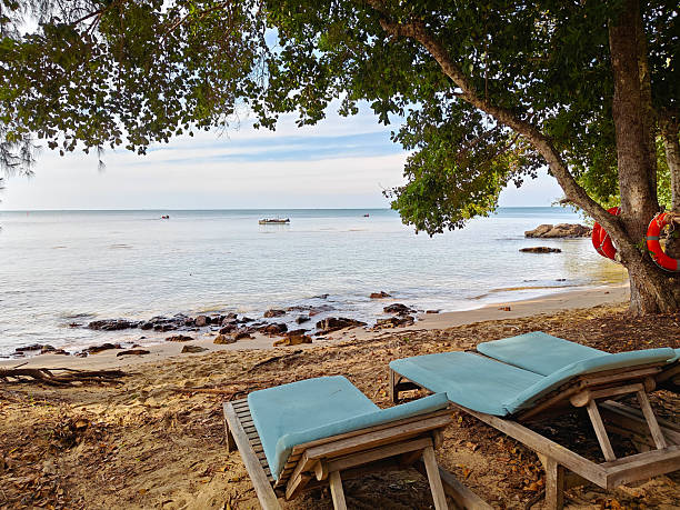 istock Relaxing beach scene with lounge chairs under trees and calm ocean waves in the background 2227565113