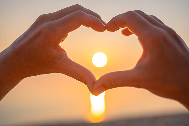 Shape of hearts with hands in sunset.
