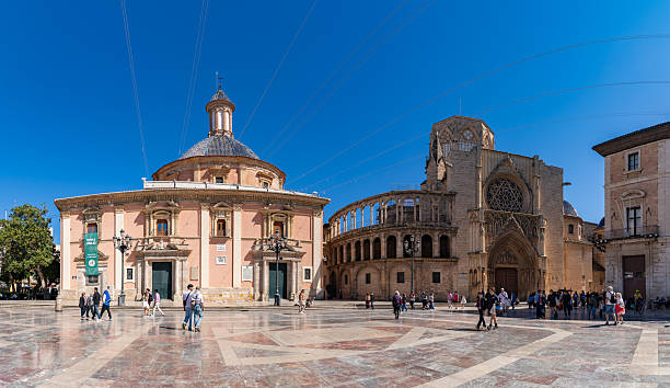 Valensia old town wide panoramic view, Spain. Ancient Plaza de la Virgen (Square of Virgin Saint Mary).