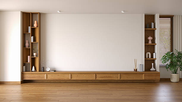 istock Living room  interior tv wall idea ,has a window providing natural light. There are also white walls and modern sofas with wooden cabinet that give it a warm feel .3d render 2227576713