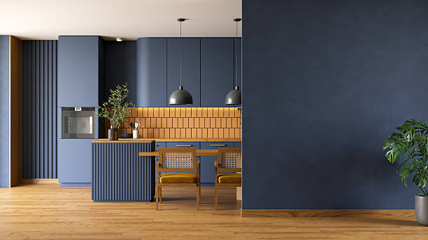 istock Dark blue  wall mockup with  modern kitchen  and dinning table have contemporary chair with  ceiling lamp and wood floor.3d render 2227576725
