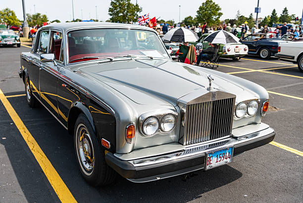 Chicago, Illinois, USA - September 08, 2024: Rolls Royce Silver Shadow II vehicle, corner view. Retro classic car. Rolls Royce Silver Shadow II car. Rolls Royce Silver Shadow II at Chicago