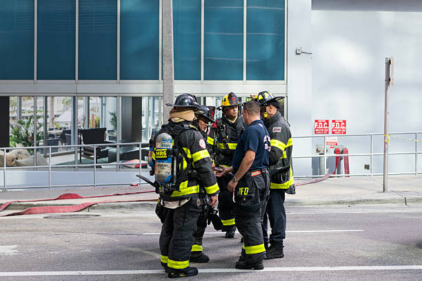 Close up of fire extinguisher in public transportation building / station.