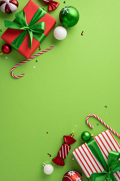 Festive vertical Christmas-themed composition featuring decor items, wrapped presents, candy canes, and ornaments on a green backdrop setting a cheerful holiday atmosphere