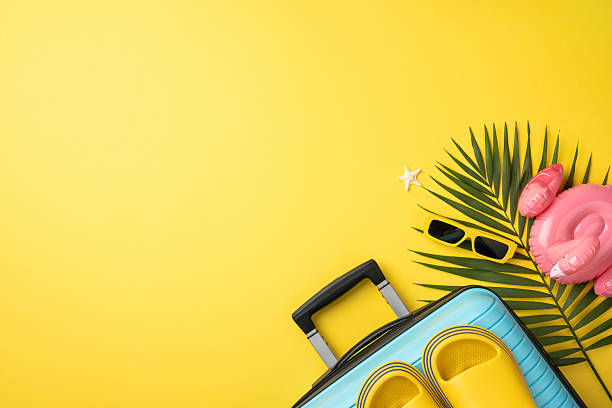 istock Vacation essentials on yellow background featuring suitcase, sandals, sunglasses, tropical leaves, and flamingo 2227600351