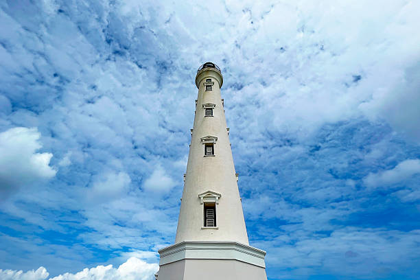 A California lighthouse at the sky background on Aruba island. Wide angle view.