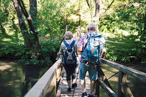 istock Couple Trekking on a Rustic Bridge in Nature 2227610213