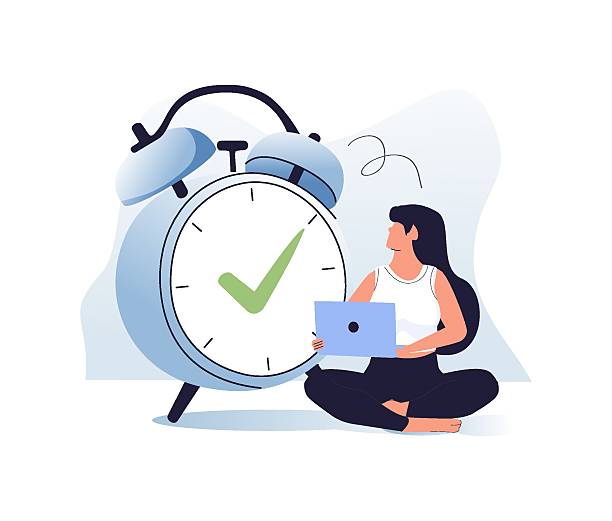 ilustrații de stoc cu program de lucru flexibil, echilibru între viața profesională și personală sau concentrare și gestionarea timpului în timp ce lucrați de acasă, tânără femeie - focalizare în prim plan