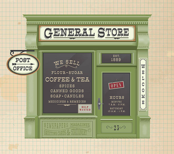 Vector illustration of a old fashioned Vintage retro General Store shop front with hand lettered signs. Old fashioned paper background. Vintage retro style with textures. All text outlined or expanded. Fully editable vector eps.