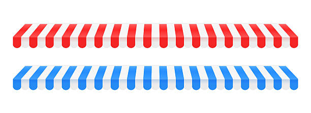 istock Striped shop tent design set. Store window awning collection. Cafe or restaurant roof canopy pack. Red and blue stall market place shed cover. Repeating stripe sunshade design. Vector 2227620619