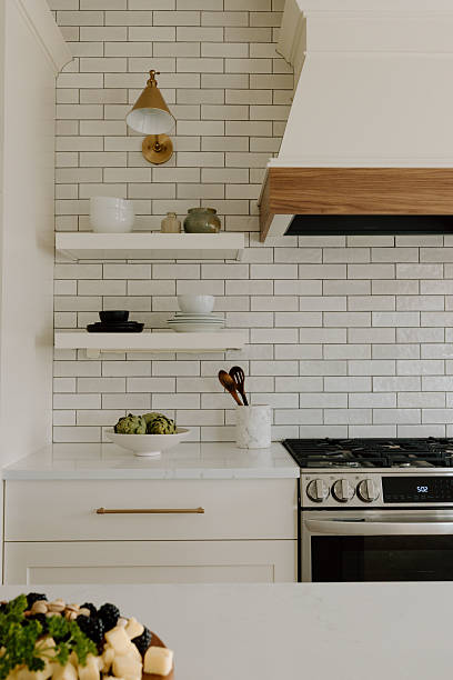 istock Modern farmhouse kitchen with tile and open shelving 2227624626