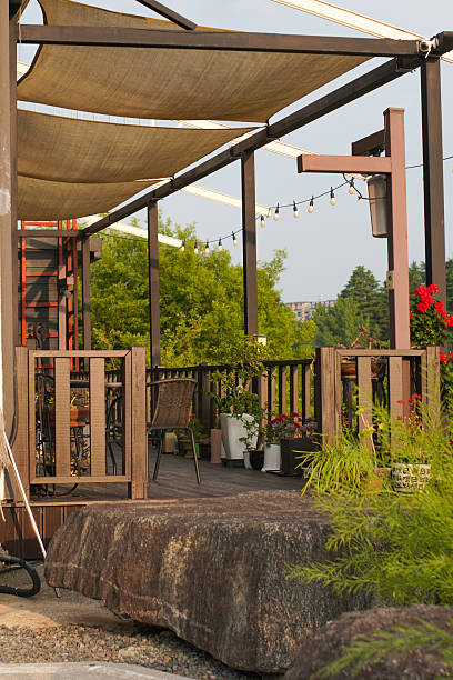 istock Inviting outdoor patio with a fabric canopy 2227626091