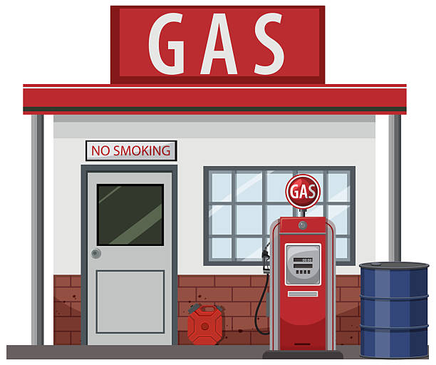 Vintage-style vector illustration of a gas station with classic pump, red accents, and detailed elements