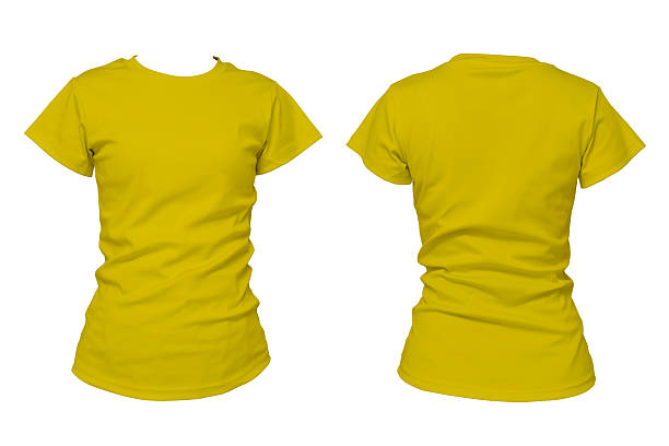 istock Plain yellow women t-shirt front and back view isolated on white background for apparel mockup or fashion design 2227634556