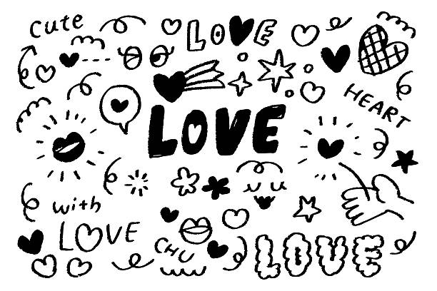 istock Cute hand-drawn black heart and LOVE lettering doodle set with kiss marks, speech bubbles, hands and flowers in a crayon-style illustration perfect for Valentine’s Day and romantic designs. 2227634588
