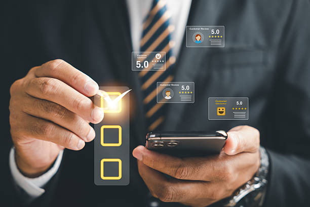 istock Customer satisfaction feedback shows a user experience review survey on an online app, allowing the customer to rate the service leading to a business enhanced reputation ranking 2227640743